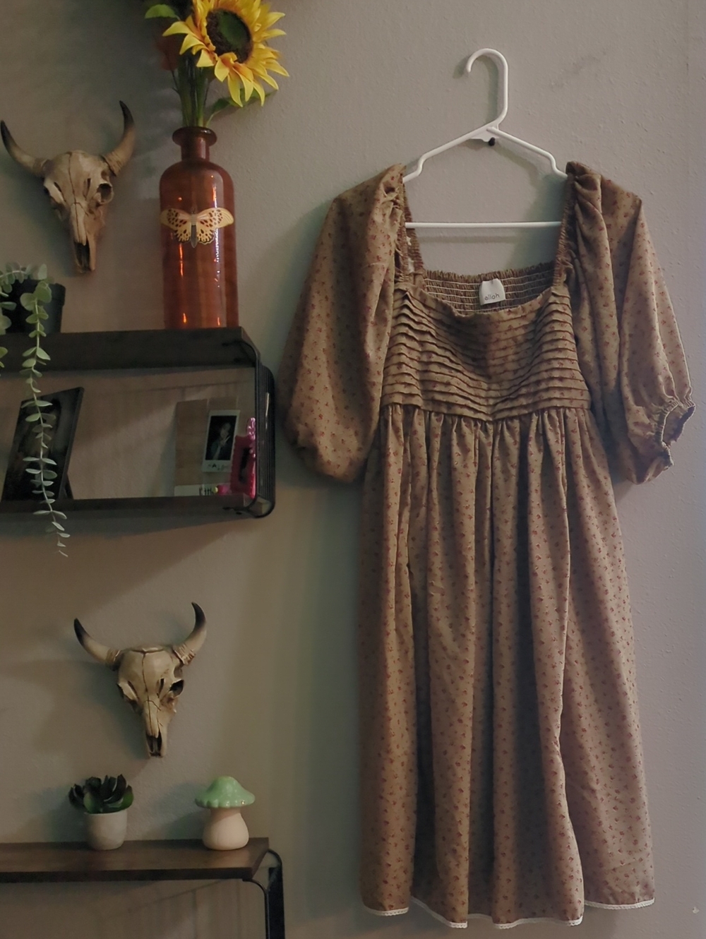 Boho Peasant Midi Dress in Light Brown with Subtle Floral Print